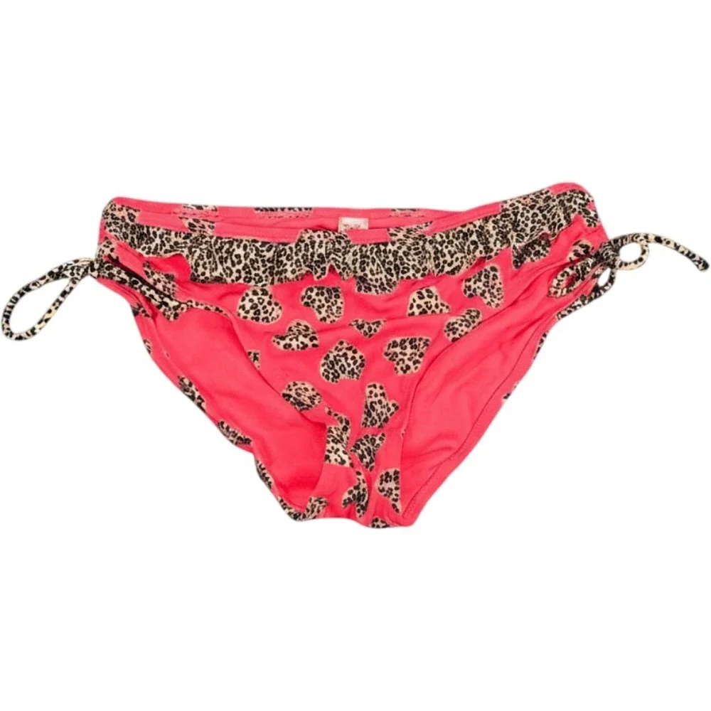 Justice Girls Pink Leopard Heart Print Bikini Swim Bottoms Ruffle Side Tie 14